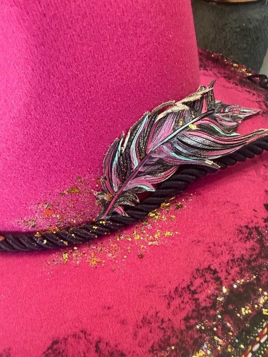 One of a kind Fuchsia Felt Cowboy Hat with Black Trim gold flake leather feather main image 6
